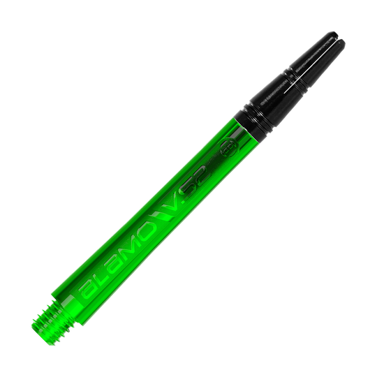 Harrows Alamo VS2 Shafts - Green Dies ist ein grüner Dart-Schaft mit der Aufschrift "ALAMO VS2". Er hat ein schwarzes Gewindeende und misst 46 mm.