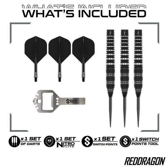 Red Dragon Sable Torpedo Switch Point Steel Darts Hier sind Red Dragon Sable Torpedo Switch Point Steeldarts zu sehen. Diese Darts zeichnen sich durch ihre Torpedo-Form aus.