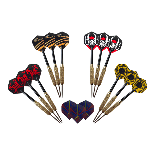 Winmau Blade 6 Bundle with 12 McDart steel darts and catch ring Abgebildet ist das Winmau Blade 6 Bundle mit 12 McDart Steeldarts und Catchring. Das Bild zeigt vermutlich das komplette Darts-Set.