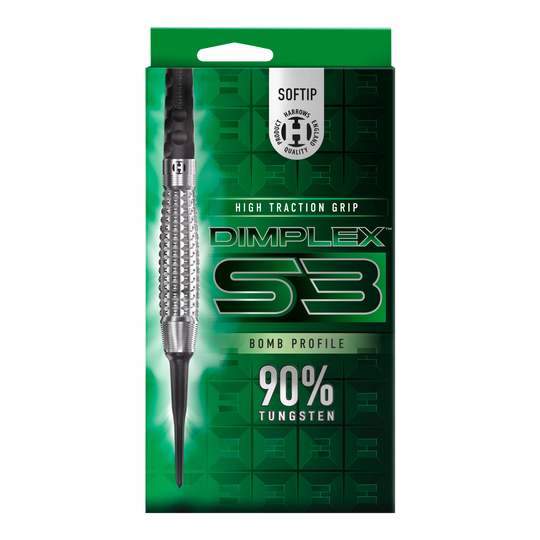 Harrows Dimplex S3 Bomb soft darts Das Bild zeigt eine Verpackung der "Harrows Dimplex S3 Bomb Softdarts". Auf der Verpackung steht, dass die Darts eine hohe Grifftraktion haben und aus 90% Wolfram bestehen.
