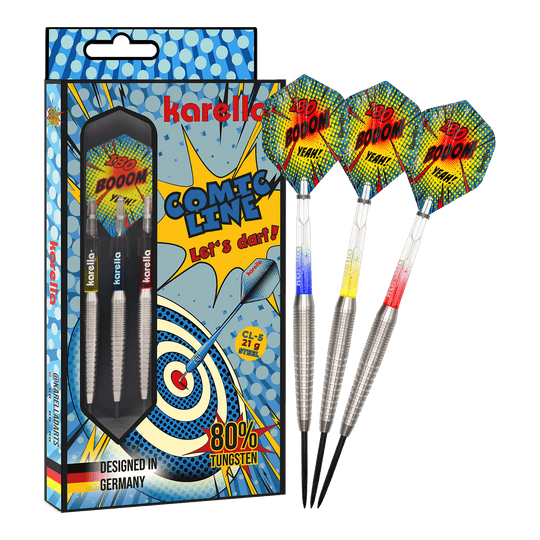 Karella Comic Line CL-5 steel darts - 21g Das Bild zeigt die Karella Comic Line CL-5 Steeldarts - 21g. Es handelt sich um ein Set moderner Steeldarts mit auffälligem Design.