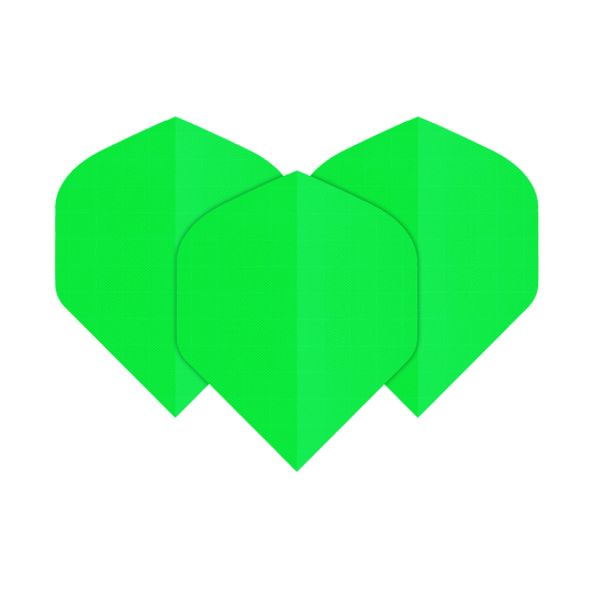 Nylon Fabric Flights N5 - Standard - Neon Green Das Bild zeigt drei neongrüne Nylon-Stoff Flights in der Form N5. Sie sind nebeneinander angeordnet und leuchten auffällig.