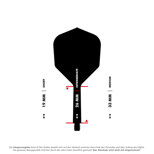 Target K-Flex No2 Standard Flight System - Green Das Bild zeigt eine Dart-Flightschafte mit Längenangaben in Millimetern. Es werden die drei Längen "Short" (19 mm), "Intermediate" (26 mm) und "Medium" (33 mm) dargestellt.