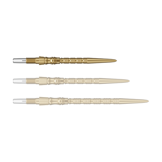 Target Signature Swiss Point TRB steel dart tips - gold Ein einzelner Target SwissPoint Signature TRB Dartspitze in Gold mit 30mm Länge wird gezeigt. Die Spitze ist detailliert abgebildet.