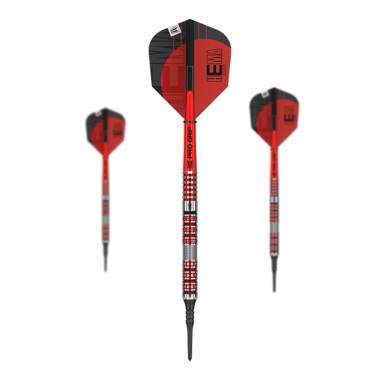 Target Hema 10 soft darts Das Bild zeigt drei Softdarts des Produkts "Target Hema 10". Die Darts sind in Rot und Silber gestaltet und haben schwarze Spitzen.