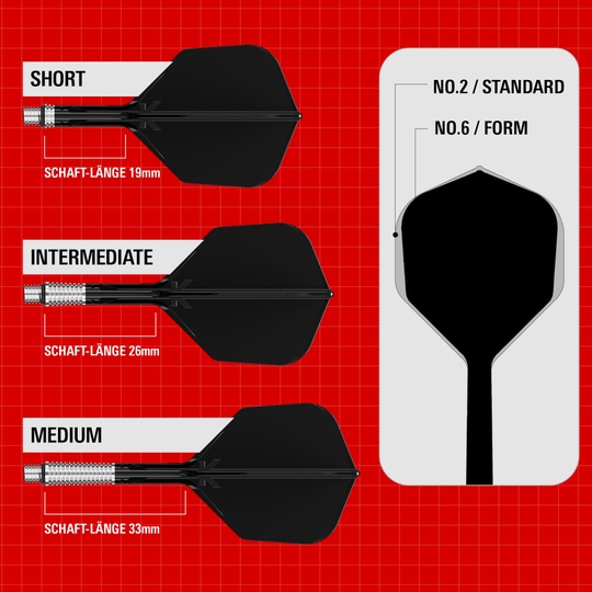 Gezeigt werden die Target K-Shift No6 Flights in Schwarz. Das Bild hebt das Design und das Material dieser Dart Flights hervor.
