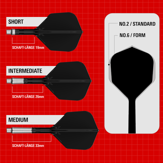 Target K-Shift No6 Flights - Black Gezeigt werden die Target K-Shift No6 Flights in Schwarz. Das Bild hebt das Design und das Material dieser Dart Flights hervor.