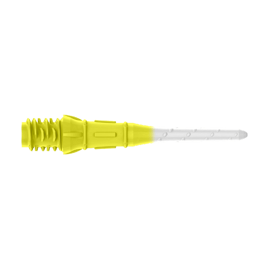 L-Style Premium Two Tone Lippoints (Pack of 30) Das Bild zeigt eine zweifarbige Dartspitze mit gelbem und weißem Bereich. Der hintere Teil ist gelb, während die Spitze weiß ist.