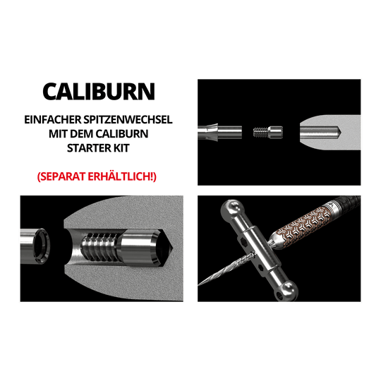 Caliburn Repoint Tool Das Bild zeigt das Produkt "Caliburn Repoint Tool" in mehreren Detailansichten. Es sind einzelne Komponenten sowie das Werkzeug im Einsatz abgebildet.