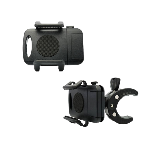 GRN0038_GranBoard_Smartphone_Holder_3 Das Bild zeigt den GranBoard Smartphone-Halter in schwarzer Farbe. Der Halter verfügt über eine Klemme zur Befestigung und einen verstellbaren Mechanismus für das Smartphone.