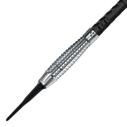 Harrows Dimplex S3 Bomb soft darts Das Bild zeigt einen Harrows Dimplex S3 Bomb Softdart. Der Dartpfeil hat eine silberne, strukturierte Griffzone und eine schwarze Kunststoffspitze.
