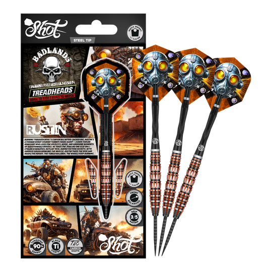 Shot Badlands Rustin Steel Darts - 23g Das Bild präsentiert den Shot Badlands Rustin Steeldarts - 23g. Der komplette Dartpfeil ist abgebildet.