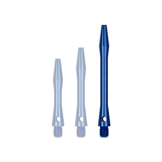 514_Aluminium_Shafts_Blau_46mm_1 Auf dem Bild sind drei blaue Aluminium-Schäfte in unterschiedlichen Längen zu sehen. Sie haben ein Gewinde am unteren Ende und sind jeweils mit einem Loch versehen.