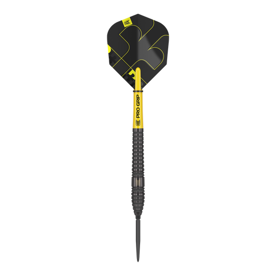 Target Bolide Void 03 Swiss Point steel darts Auf dem Bild ist ein Target Bolide Void 03 Swiss Point Steeldart zu sehen. Der Dart ist schwarz mit gelben Akzenten und hat eine strukturierte Griffzone.