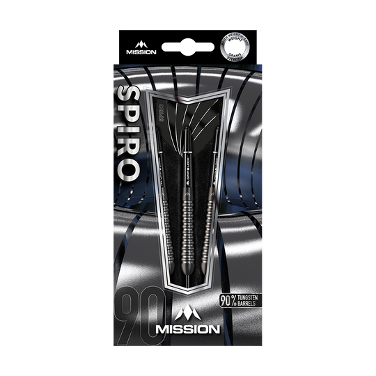 Das Bild zeigt eine Verpackung der Mission Spiro Model 2 Steeldarts mit einem Gewicht von 22 Gramm. Die Pfeile bestehen zu 90 % aus Tungsten und sind elegant in einer silber-schwarzen Box präsentiert.