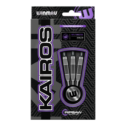 Winmau Kairos 01 Steeldarts Die Abbildung zeigt die Verpackung der "Winmau Kairos 01 Steeldarts". In der Verpackung sind drei hochwertige Steeldarts mit 90% Tungsten-Anteil zu sehen.