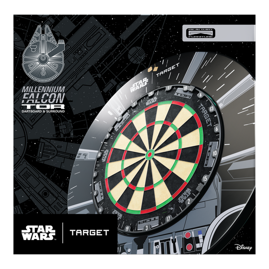 Auf dem Bild ist das Target Star Wars Millennium Falcon Surround Board Bundle zu sehen. Das Produkt richtet sich an Fans von Star Wars und Darts.