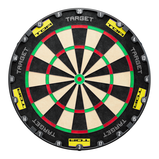 Target Luke Littler World Champion 2025 Surround Goal Steel Dartboard Bundle Das Bild zeigt ein Dartboard-Set mit dem Namen "Target Luke Littler World Champion 2025 Surround Tor Steeldartboard Bundle". Das Board hat eine schwarze Umrandung mit den Aufschriften "TARGET" und "TOR".