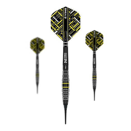Das Bild zeigt drei Softdarts des Modells "Red Dragon Astraeus Q4X Torpedo - 20g". Die Darts haben schwarze Schäfte mit gelben und weißen Akzenten und ein auffälliges Flight-Design.