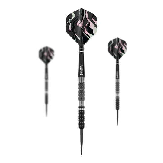 Red Dragon Paradym Tapered Steel Darts Auf dem Bild sind drei Red Dragon Paradym Tapered Steeldarts zu sehen. Die Darts haben ein schwarzes Design mit silbernen Akzenten und gemusterten Flights.