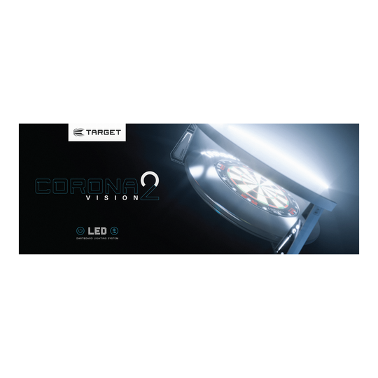 Target Corona Vision 2 lighting system Hier wird das Target Corona Vision 2 Beleuchtungssystem gezeigt. Das System liegt vor einem Dartboard.