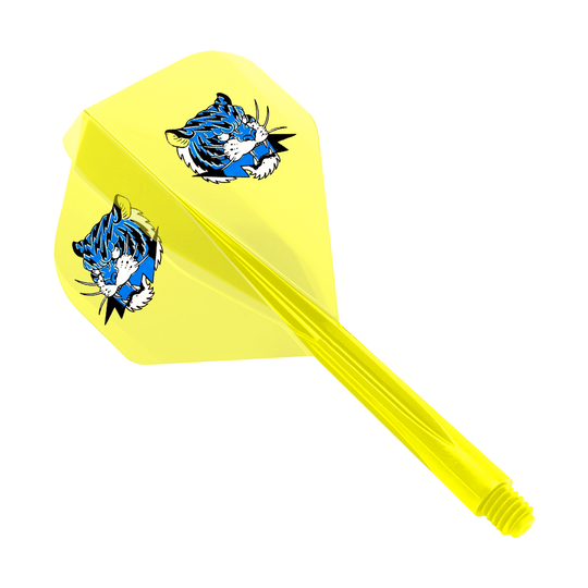 Das Bild zeigt einen gelben Dartflight mit einem blauen Tigerkopf-Motiv. Der Schaft ist transparent gelb und im kleinen Format gehalten.