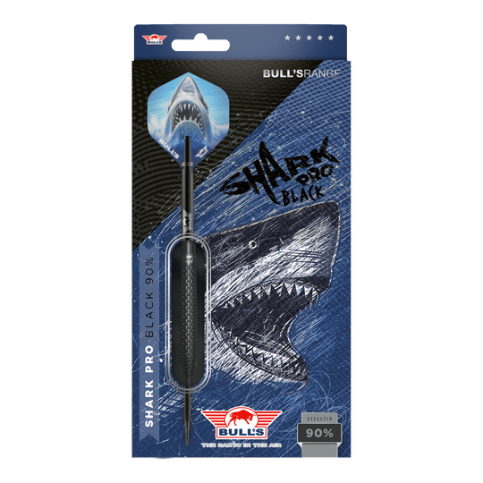 Bulls NL Shark Pro Black Steel Darts Die Abbildung zeigt die Verpackung der "Bulls NL Shark Pro Black Steeldarts". Auf der Verpackung ist ein aggressiv aussehender Hai sowie der Dartpfeil selbst zu sehen.