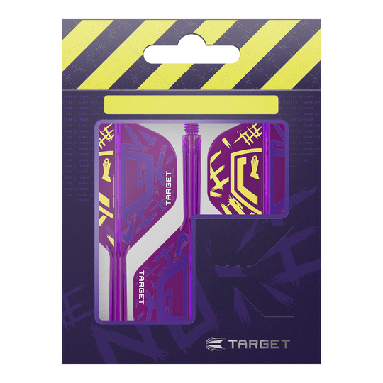 Target K-Flex Luke Littler World Champion 2025 No2 Standard Flights Die Abbildung zeigt die "Target K-Flex Luke Littler World Champion 2025 No2 Standard Flights" in einer Verpackung. Die Flights sind lila mit gelben Akzenten und dem Target-Logo gestaltet.
