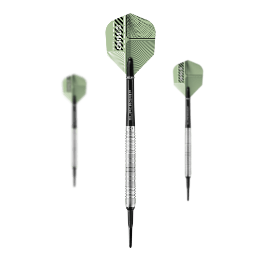 Harrows Control Parallel Softdarts Das Bild zeigt drei Harrows Control Parallel Softdarts mit grünen Flights und silbernen Griffen. Die Dartpfeile sind von vorne und von der Seite zu sehen.