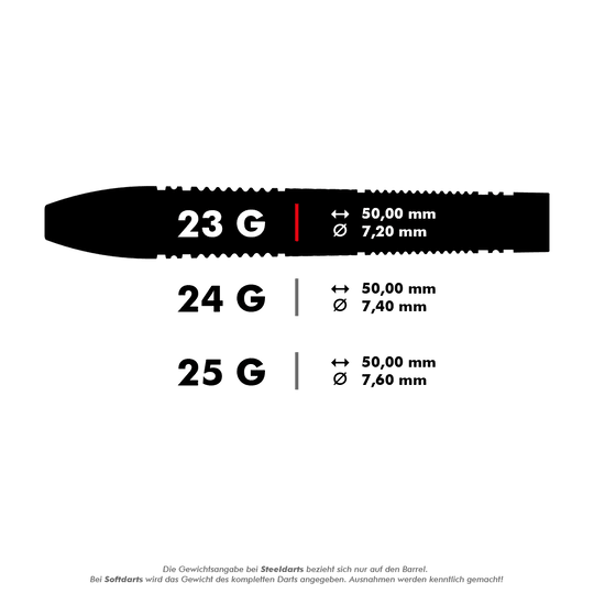 Das Bild zeigt drei verschiedene Steeldarts mit den Gewichten 23 g, 24 g und 25 g. Für jedes Gewicht sind die Länge von 50,00 mm und der jeweilige Durchmesser angegeben.