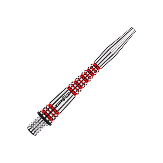 Dies ist ein silberner Dartschaft aus Aluminium mit roten Akzenten. Auf dem Schaft steht das Wort "TRIAD".