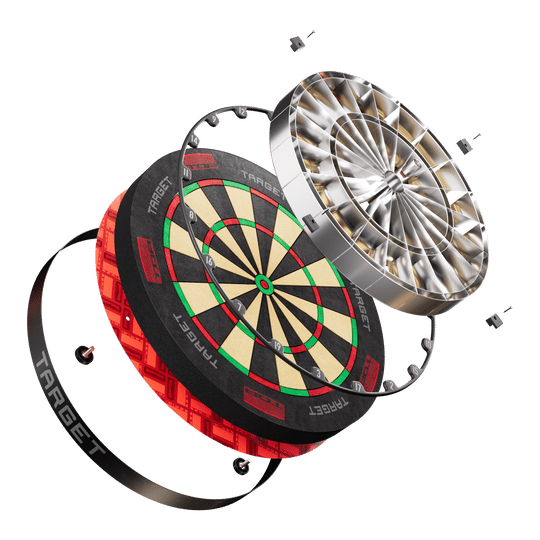 Target TOR Steel Dartboard Das Bild zeigt das Produkt "Target TOR Steeldartboard" in einer explodierten Ansicht. Die einzelnen Bauteile des Dartboards sind deutlich sichtbar und voneinander getrennt dargestellt.