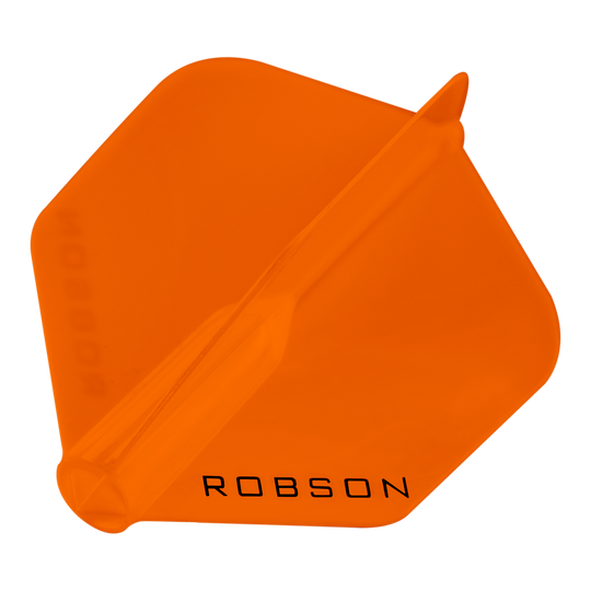 Robson Plus Flights - Standard Das Bild zeigt ein orangefarbenes Dart-Flügel mit der Aufschrift "ROBSON". Er hat eine sechseckige Form und ist transparent.