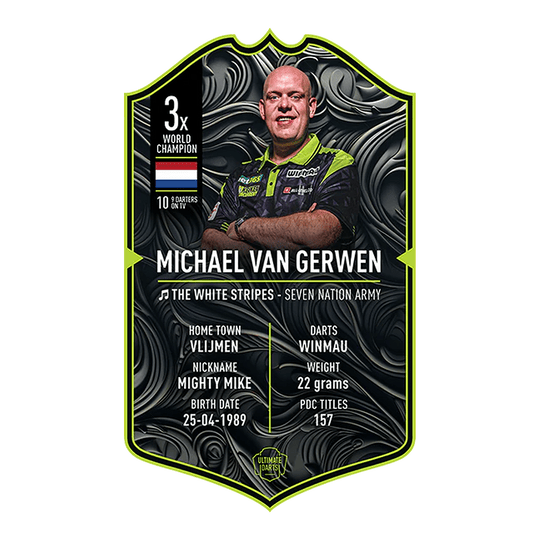 Ultimate Darts Card - Michael Van Gerwen 2025 Dies ist eine Sammelkarte von "Ultimate Darts" für Michael Van Gerwen aus dem Jahr 2025. Sie zeigt sein Foto und enthält Informationen wie seinen Spitznamen, Geburtsdatum, Heimatstadt und Statistiken.
