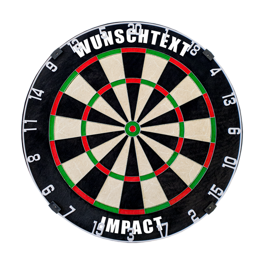 Auf dem Bild ist eine Dartscheibe zu sehen. Oben steht der Text "WUNSCHTEXT" und unten "IMPACT".