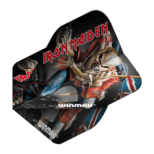 6905-224_Winmau_Rockstar_Legends_Iron_Maiden_Eddie_Standard_Flights_2 Das Bild zeigt ein Dartflight mit einem Motiv von Iron Maiden und ihrem Maskottchen Eddie. Auf dem Flight steht in roten Buchstaben "IRON MAIDEN" und unten ist das Winmau-Logo zu sehen.