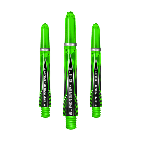 HR390_Harrows_Supergrip_Ignite_Shafts_Gr-n_40mm_1twMDBP71eqkB2 Das Bild zeigt drei grüne Harrows Supergrip Ignite Shafts. Sie sind nebeneinander angeordnet und haben ein modernes, transparentes Design mit schwarzer und silberner Beschriftung.