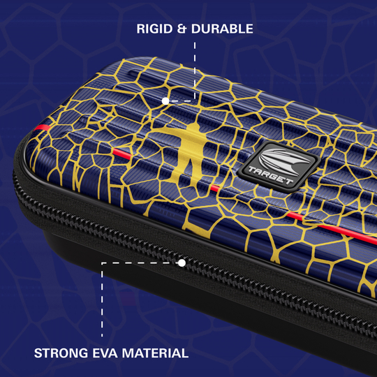 Target Takoma Josh Rock dart case Das Bild zeigt das „Target Takoma Josh Rock Dartcase“ mit einem auffälligen blauen und gelben Design. Es wird hervorgehoben, dass das Etui aus starkem EVA-Material gefertigt und besonders robust und langlebig ist.