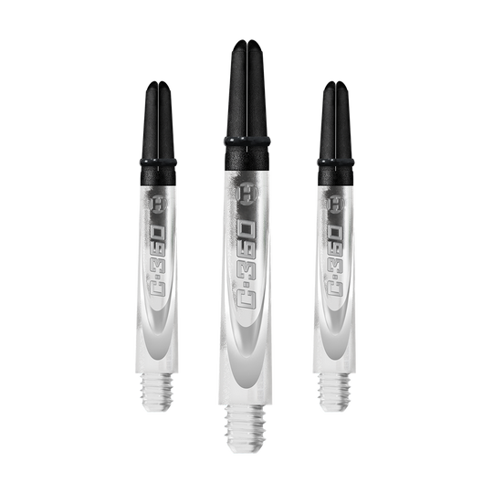 HR447_Harrows_Carbon_360_Shafts_Clear_42mm_1aWgf7bVQ9n2A4 Das Bild zeigt drei transparente Dartschäfte mit schwarzem oberen Ende. Auf jedem Schaft steht die Aufschrift "C-360".