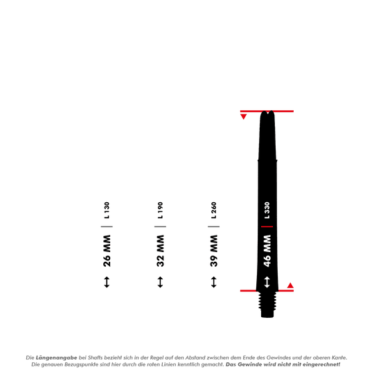 L-L-Style-Shafts Locked Straight - White Das Bild zeigt verschiedene Längen von Dartshafts, die in Millimetern angegeben sind. Die größte dargestellte Länge ist 46 mm, gemessen ohne das Gewinde.