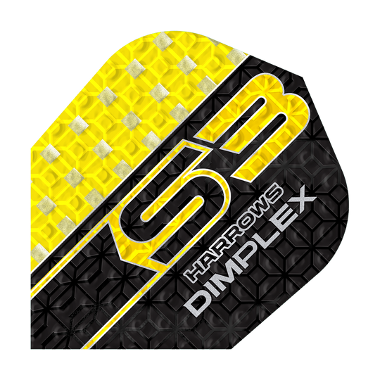 Das Bild zeigt das Produkt "Harrows Dimplex S3 Flights - Gelb". Das Flight ist gelb und schwarz mit silbernen Details und einem strukturierten Muster gestaltet.