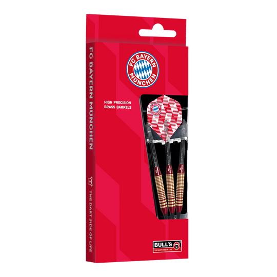 Abgebildet sind die Bulls FC Bayern München Brass Softdarts mit 18g Gewicht. Sie eignen sich für Softdart-Spiele und tragen das Vereinsdesign.