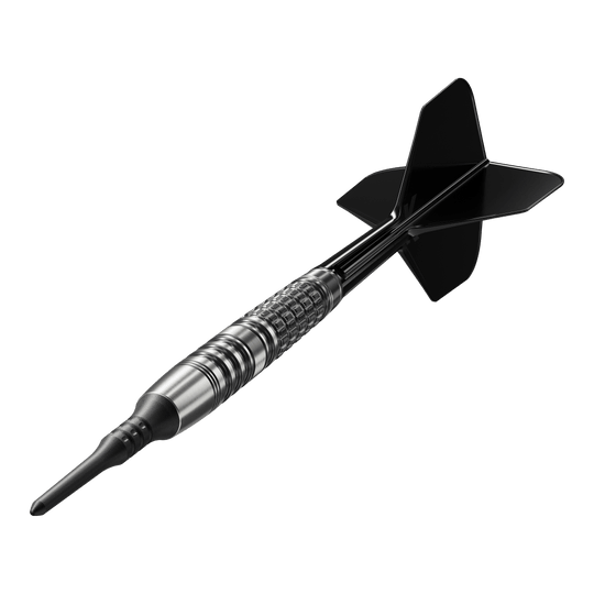 Target Japan Black Marque Lumiere GEN3 Soft Darts - 18.5g Das Bild zeigt einen Target Japan Black Marque Lumiere GEN3 Softdart mit einem Gewicht von 18,5g. Der Dartpfeil hat ein elegantes, schwarzes Design und eine strukturierte Griffzone.