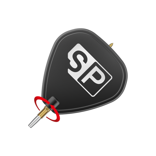 Target Swiss Point SLK dart tips - gold Das Bild zeigt die Target Swiss Point SLK Dartspitzen in Gold. Die Dartspitze ist an einem Dart befestigt und wird durch einen roten Pfeil hervorgehoben.