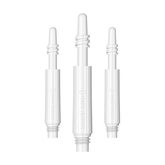 400315_8Flight_Regular_Spin_Shafts_White_19mm_1 Das Bild zeigt drei weiße 8 Flight Regular Spin Shafts. Die Schäfte sind schlank und haben eine glatte Oberfläche mit der Aufschrift "MADE IN JAPAN".
