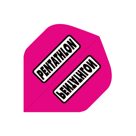 P83-Pentathlon-Flights-P83 Das Bild zeigt einen pinken Dartflug mit der Aufschrift "Pentathlon". Es handelt sich um das Produkt "Pentathlon Flights P83".