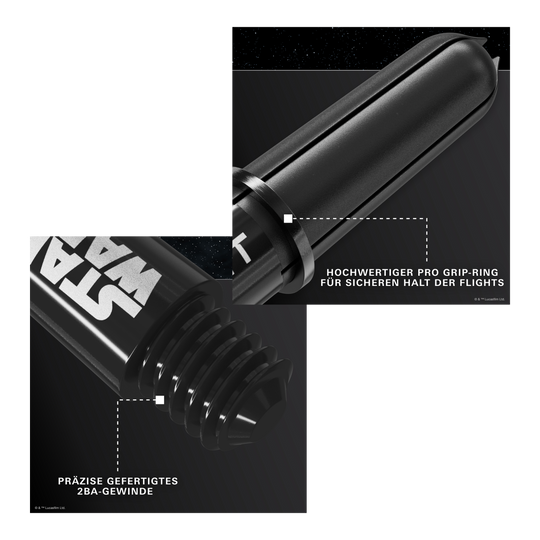 Target Star Wars ProGrip Shafts - Black Target Star Wars ProGrip Shafts in Schwarz sind auf dem Bild zu sehen. Diese Schäfte richten sich an Dart- und Star Wars Liebhaber.