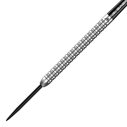 Mission Mike De Decker MDD Silver Steel Darts Das Bild zeigt einen silbernen Steeldart mit gerilltem Griff. Es handelt sich um das Produkt "Mission Mike De Decker MDD Silver Steeldarts".