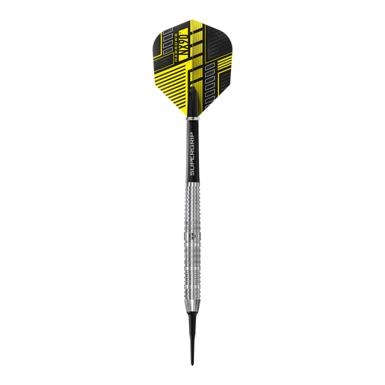 Harrows NX90 Parallel Softdarts Das Bild zeigt einen Harrows NX90 Parallel Softdart mit silbernem Schaft und schwarzem Flight. Der Flight hat ein modernes gelb-schwarzes Design.