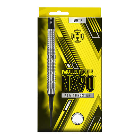 Harrows NX90 Parallel Softdarts Die Abbildung zeigt die Verpackung der Harrows NX90 Parallel Softdarts. Auf der gelb-schwarzen Packung steht, dass die Darts aus 90 % Tungsten bestehen.